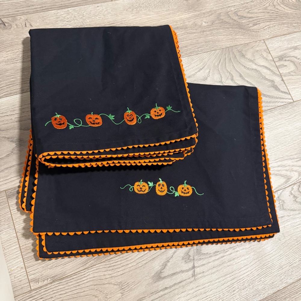 Halloween Pumpkin Embroidered Placemats Set of 8 Black Orange Cotton